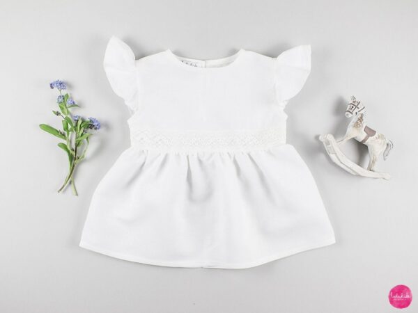 Baby Mädchen Taufoutfit, Weißes Taufkleid, Leinenkleid Mit Flügelärmeln Und Baumwollspitze