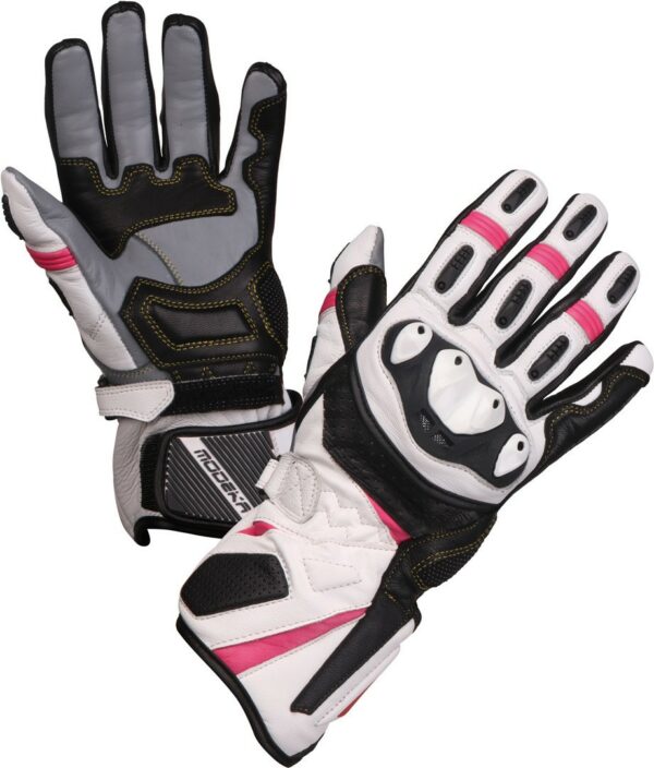 Modeka Cay Damen Motorradhandschuhe, schwarz-weiss-pink, Größe S, schwarz-weiss-pink, Größe S