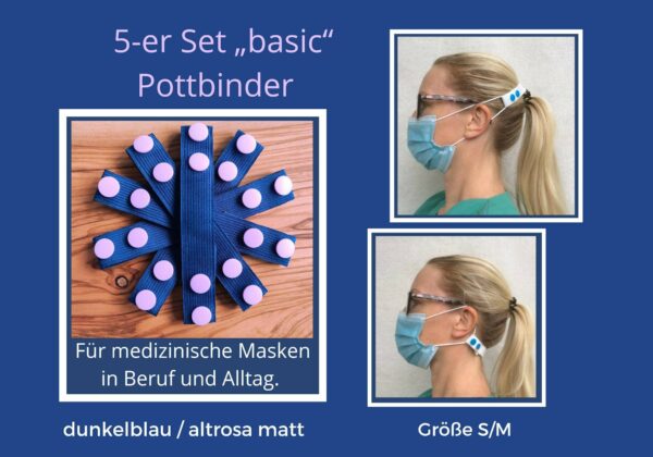 5-Er Pack Basic Pottbinder Für Erwachsene, Ohrenschoner, Pflege, Ffp2, Edel Flexibel Verstellbar, Ohr Erweiterung, Dunkelblaue Maskenhalter