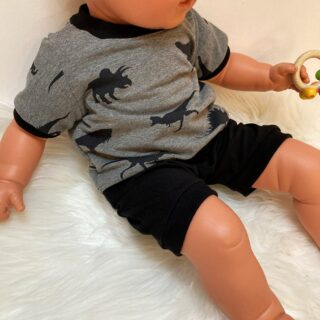 2 Teile Gr. 68 Set Kurze Baby Hose Pumphose Shorts Pants + T - Shirt Hemd Kombination Dino Saurier Schwarz Grau