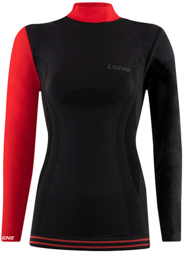 Lenz 6.0 Merino Turtle Neck Damen Langarmshirt, schwarz-rot, Größe XS, schwarz-rot, Größe XS