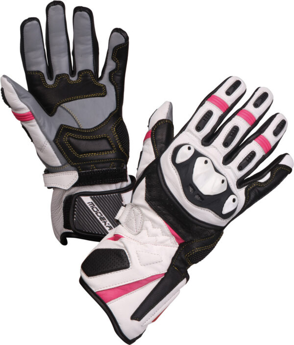 Modeka Cay Damen Motorradhandschuhe, schwarz-weiss-pink, Größe M, schwarz-weiss-pink, Größe M