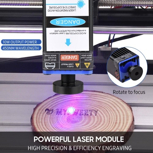 450nm 10W Lasermodul Einstellbare Brennweite Lasergravurkopf Hochgeschwindigkeits-Lasergravierer Cutter 3D-Drucker CNC-Router Lasermodul für DIY Handwerk Holz Leder Stoff Papierschneiden Gravur