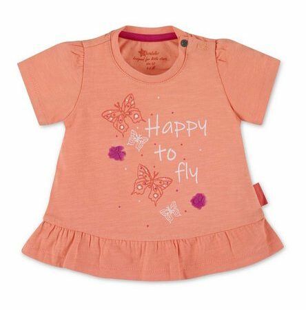 Sterntaler® Kurzarmshirt Kurzarm-Shirt (1-tlg) Baby Shirt - Kurzarmshirt Kinder Mädchen - Kurzarm-Shirt aus Jersey mit Volant in Coralle - T-Shirt Kinder mit Druck "Schmetterling" und 3D Applikation Chiffonblume