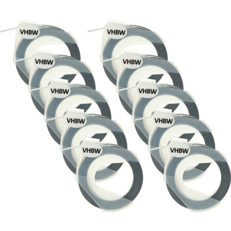 10x 3D Prägeband-Schriftband-Kassette kompatibel mit Dymo Mini, Omega Etiketten-Drucker 9mm Weiß auf Schwarz - Vhbw
