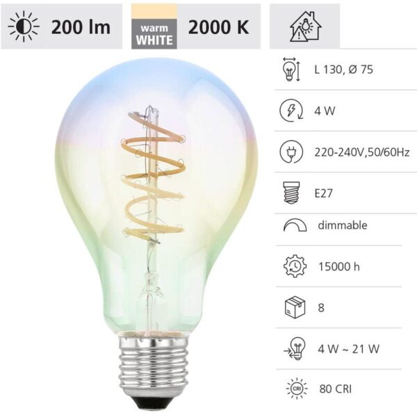 110205 led Filament Leuchtmittel E27 1X4W Decorative Spirale irisierend L:13cm Ø:7.5cm 2000K 200lm dimmbar - Eglo