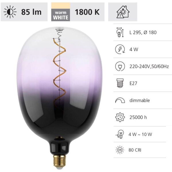 12554 led filament Leuchtmittel E27 gradient schwarz-violett-transparent L:29.5cm Ø:18cm dimmbar 1800K - Eglo